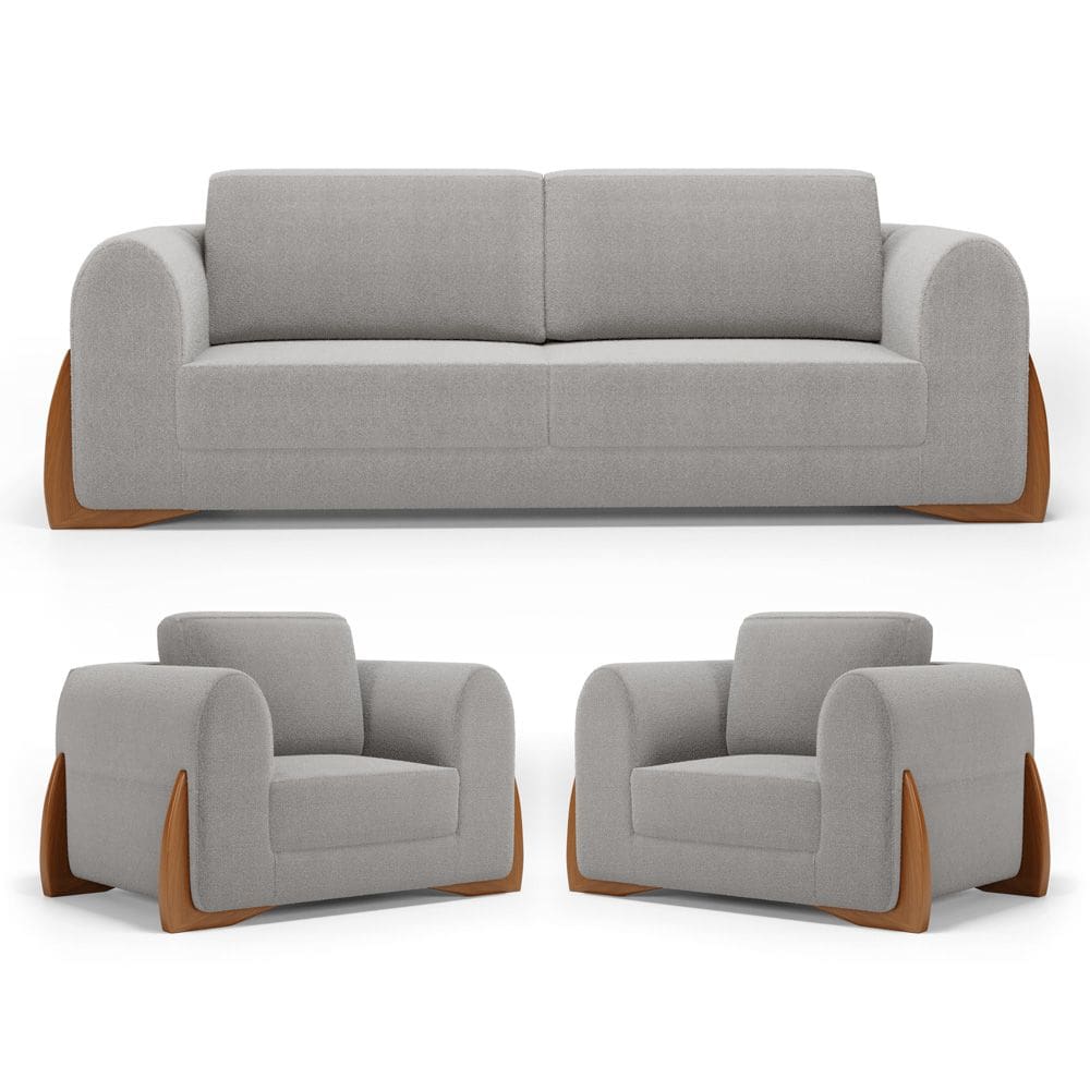 Kit 02 Poltronas e 01 Sofá Bloom 200cm 03 Lugares com Pés de Madeira Bouclê Cinza - Abmaza