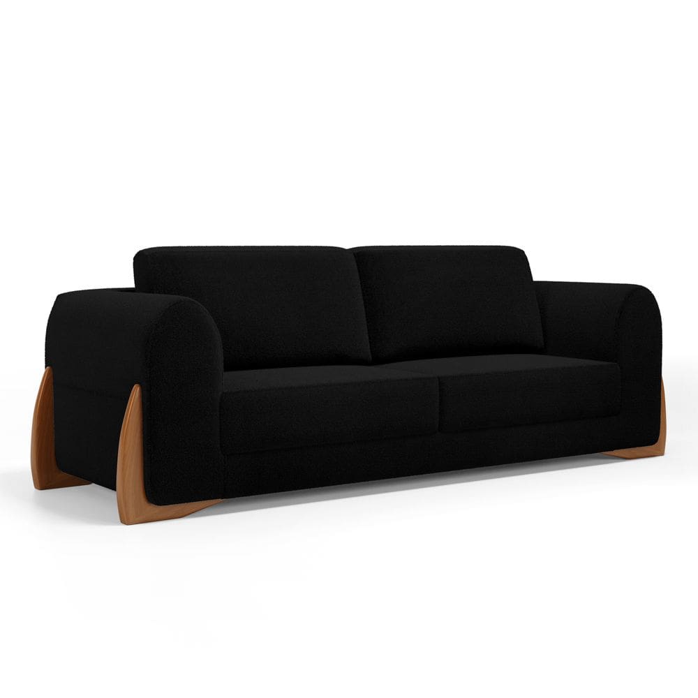 Sofá Living Bloom 180cm 02 Lugares com Pés de Madeira Bouclê Preto - Abmaza
