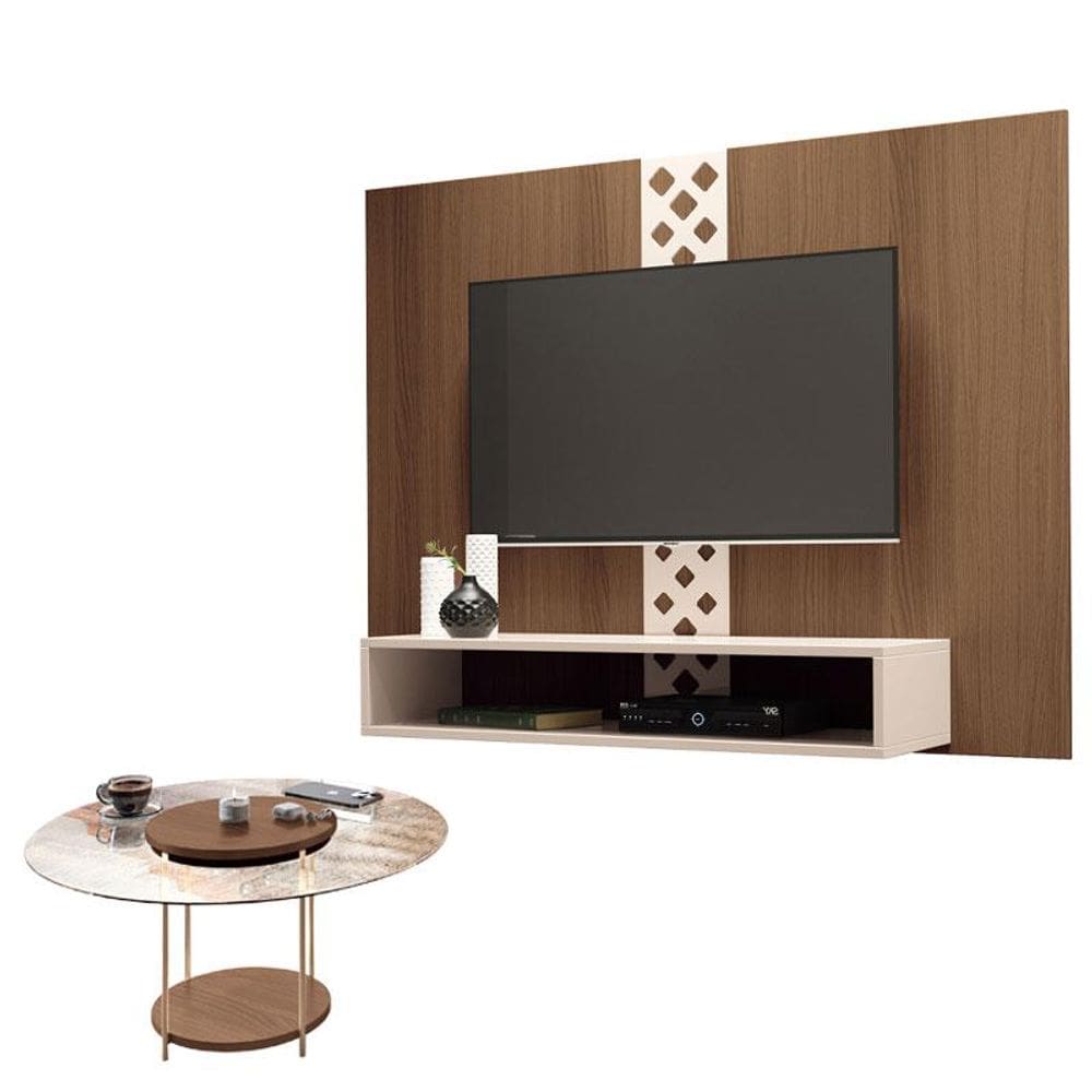 Painel para TV Home Suspenso Form com Mesa de Centro Sky com Tampo de Vidro Castanho Off White - HB Móveis