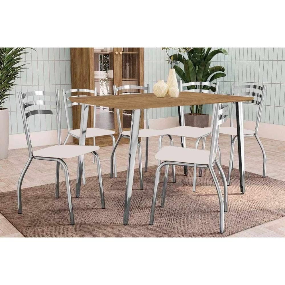 Conjunto: Mesa Sala Jantar Iguaçu c/ Tampo de Madeira 1.60cm + 6 Cadeiras Portugal Cromada/Branco 106 - Kappesberg
