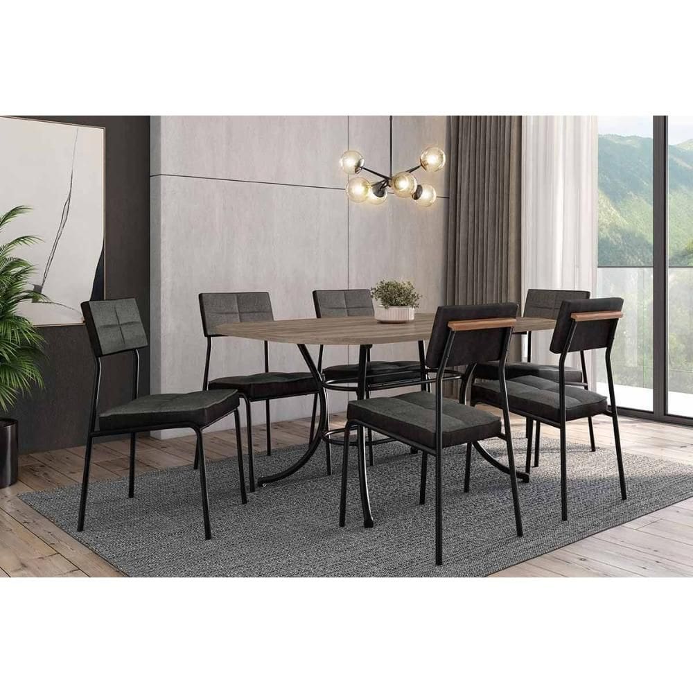 Conjunto: Mesa de Cozinha 1547 Aço c/ Tampo Madeirado 160x90cm e 6 Cadeiras Neo Preto/Legno - Preto/Grafite - Preto - Carraro
