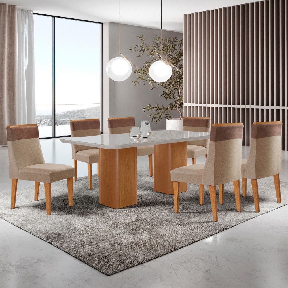 Mesa de Jantar Eloise 180cm Tampo MDF Vidro com 6 Cadeiras Andes Moderna Mobília