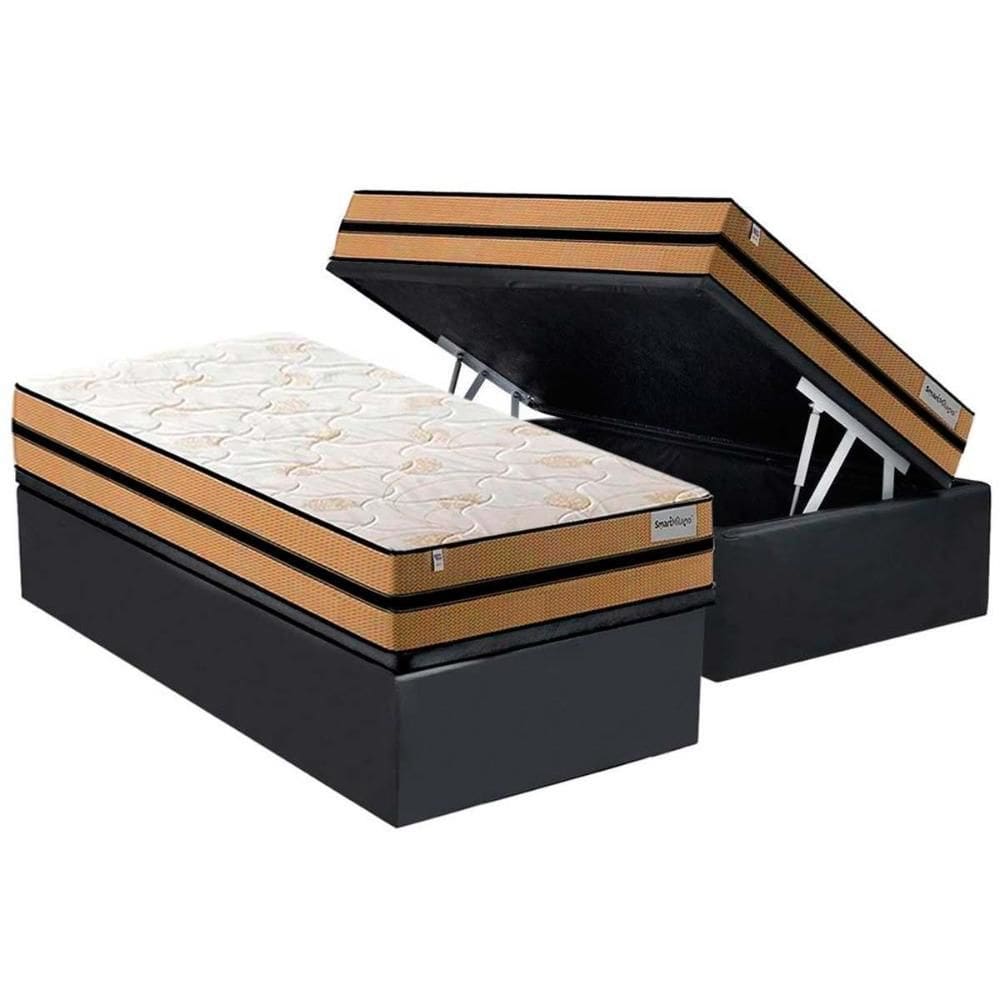 Cama Box Baú Solteiro: Colchão Molas Ensacadas Plumatex Smart Milano + Base CRC Suede Gray (88x188)