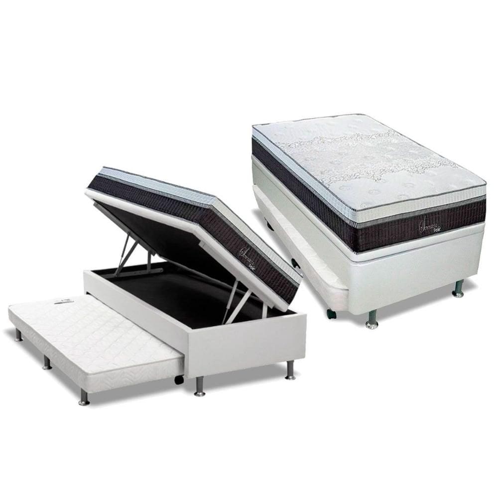 Cama Box Baú Solteiro: Colchão Molas Ensacadas Polar Polar Serenatta + Base CRC Courano Branco (88x188)