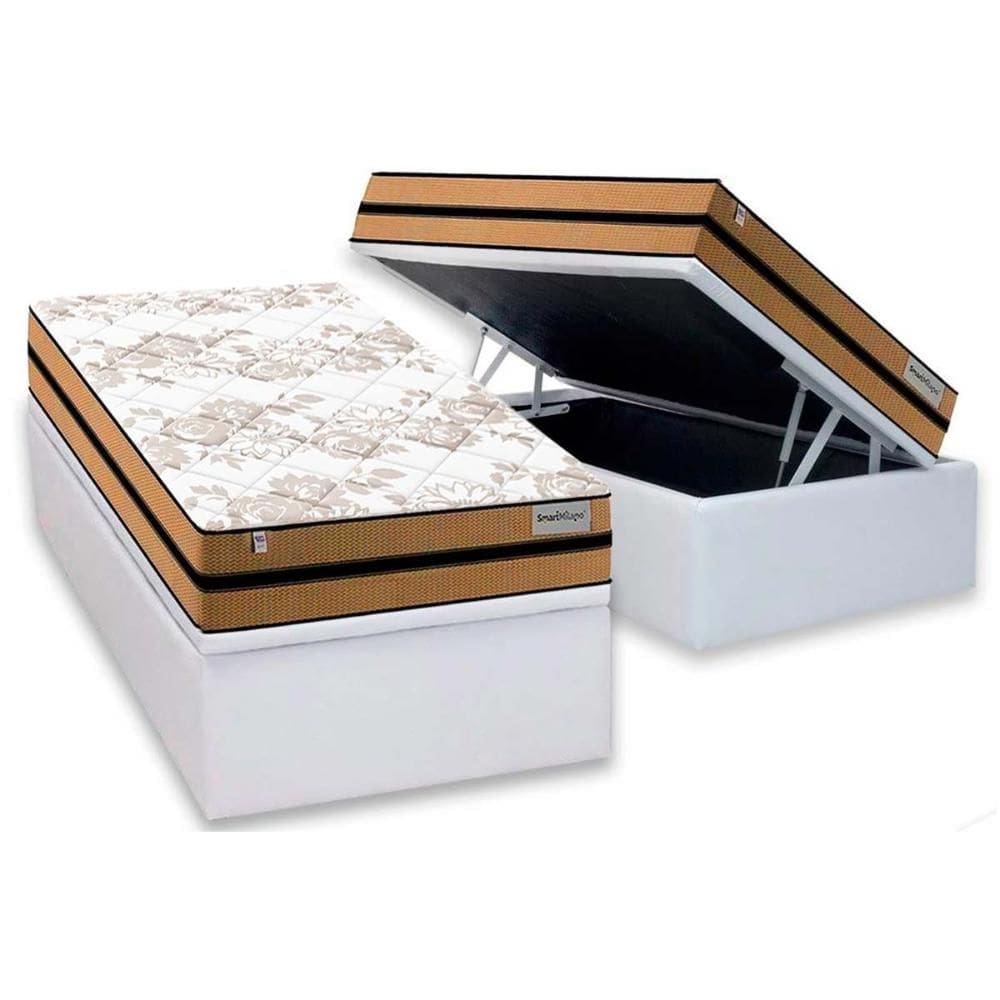 Cama Box Baú Solteiro: Colchão Molas Ensacadas Plumatex Smart Milano + Base CRC Courano White (88x188)
