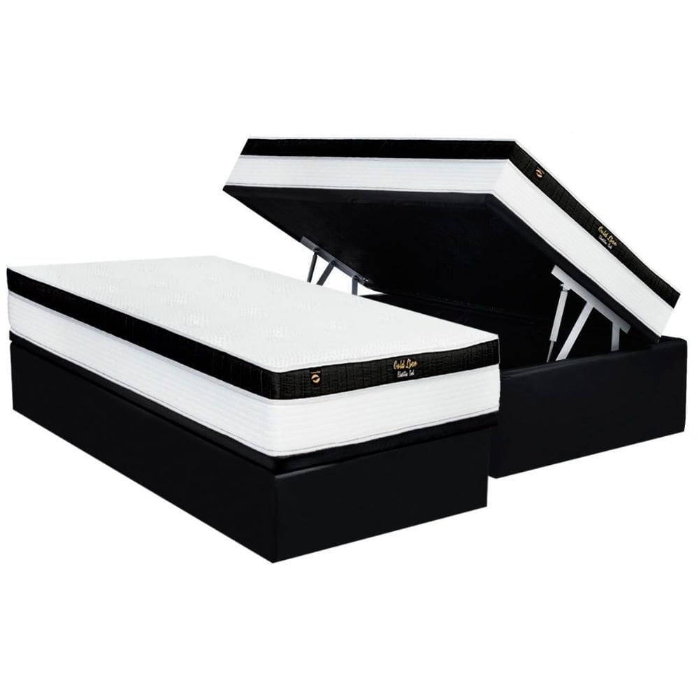 Cama Box Baú Solteiro: Colchão Molas Ensacadas Luckspuma Gold Line Elastic Gel + Base CRC Suede Black (88x188)
