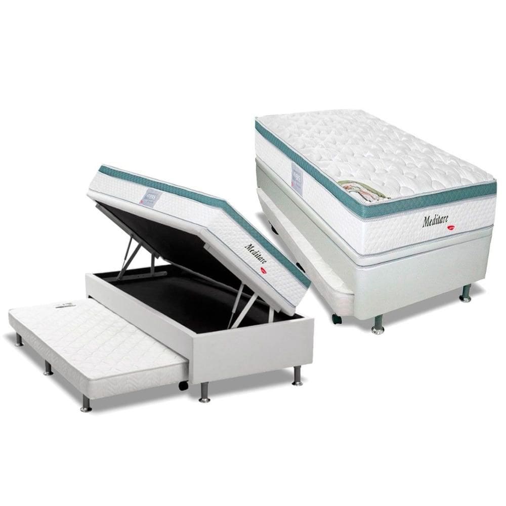 Cama Box Baú Solteiro: Colchão Molas Ensacadas Herval Meditare + Base CRC Courano Branco (88x188)