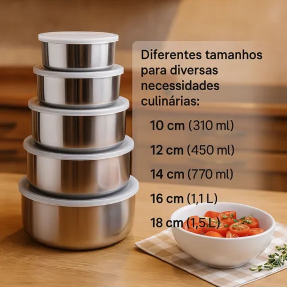 Conjunto Jogo 5 Potes Tigela Herméticos Redondo Bavaria Com Tampa - Inox