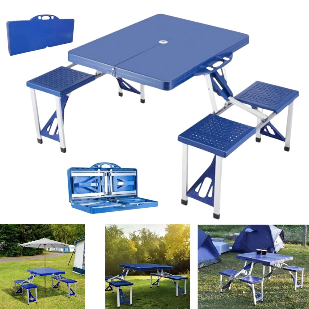 Mesa Acampamento Dobrável de alumínio com 4 banquetas Bancos Para Camping - Azul