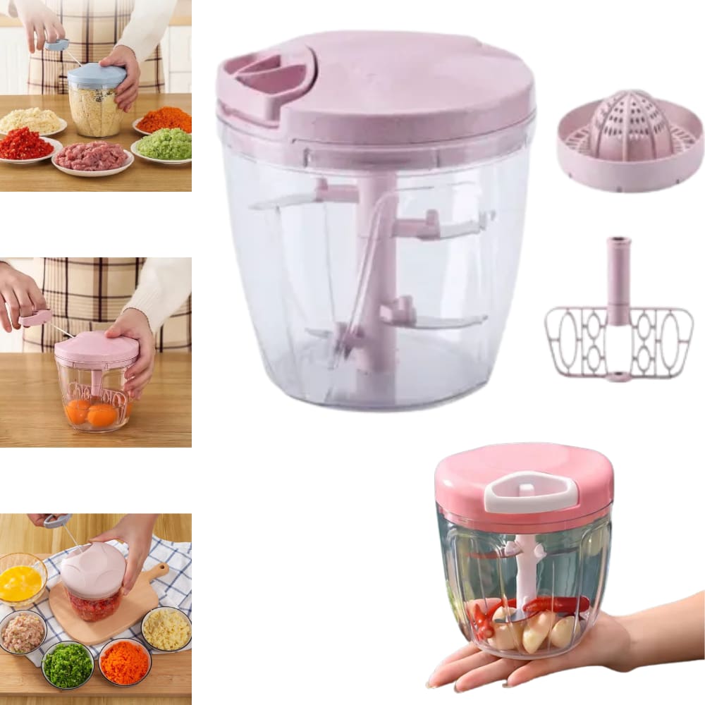 Processador Triturador de Alimentos Manual 3 em 1 Magic Mixer 5 Lâminas 900ml Rosa