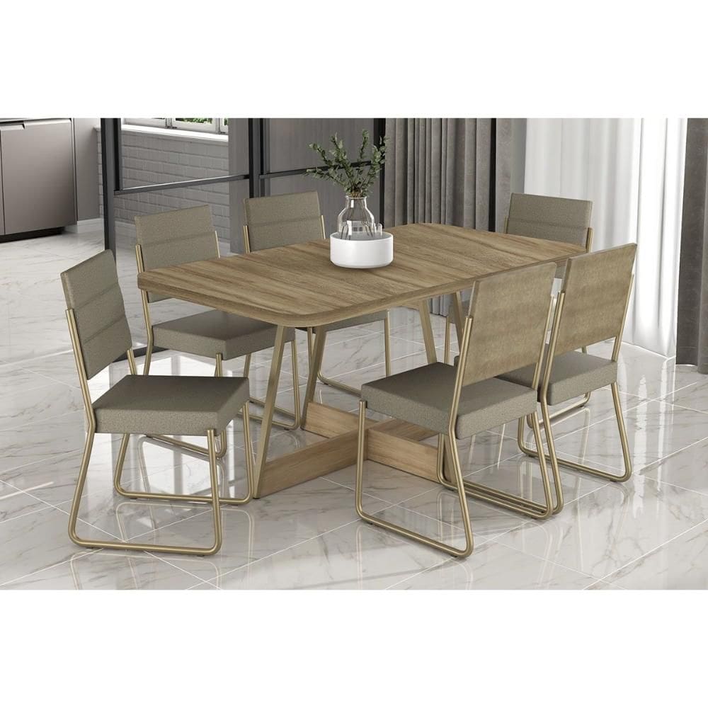 Sala de Jantar Completa Átria 1592 Aço c/ Tampo Madeirado 160x90cm e 6 Cadeiras 1736 Dourado/Noce/Carvalho - Linho/ano ,Bamboo - Carraro