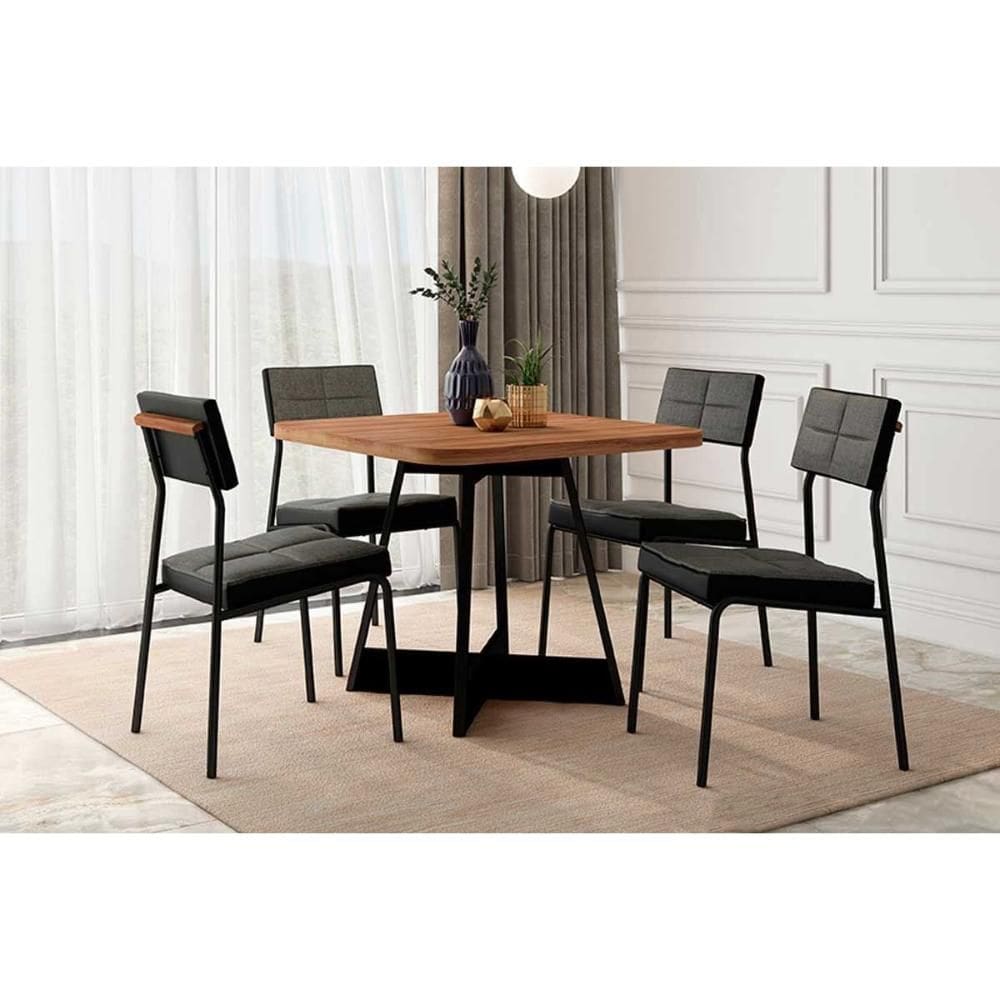Conjunto: Mesa de Cozinha Átria 1593 Aço c/ Tampo Madeirado 90x90cm e 4 Cadeiras Neo Preto/Nogal - Preto/Grafite - Preto - Carraro
