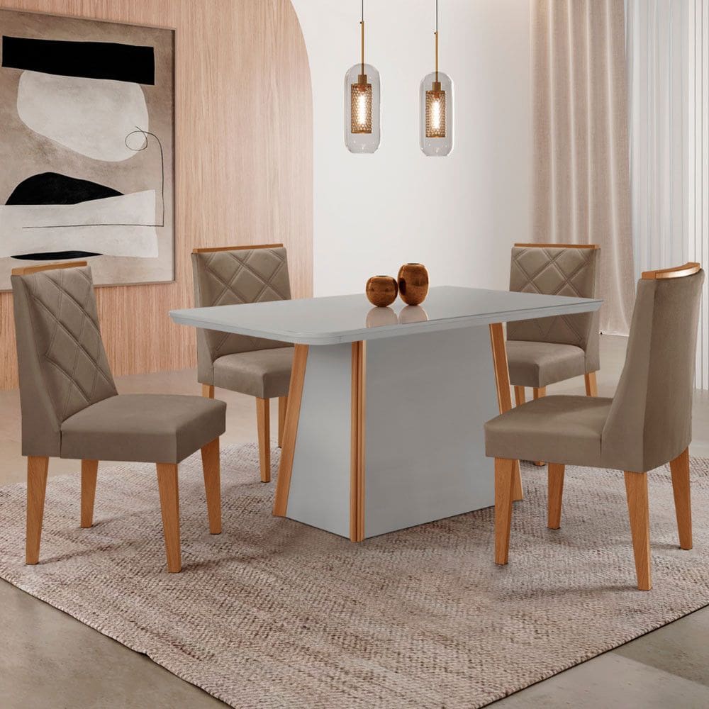 Mesa de Jantar Diane 120cm Tampo MDF e Vidro com 4 Cadeiras Isadora Moderna Mobília