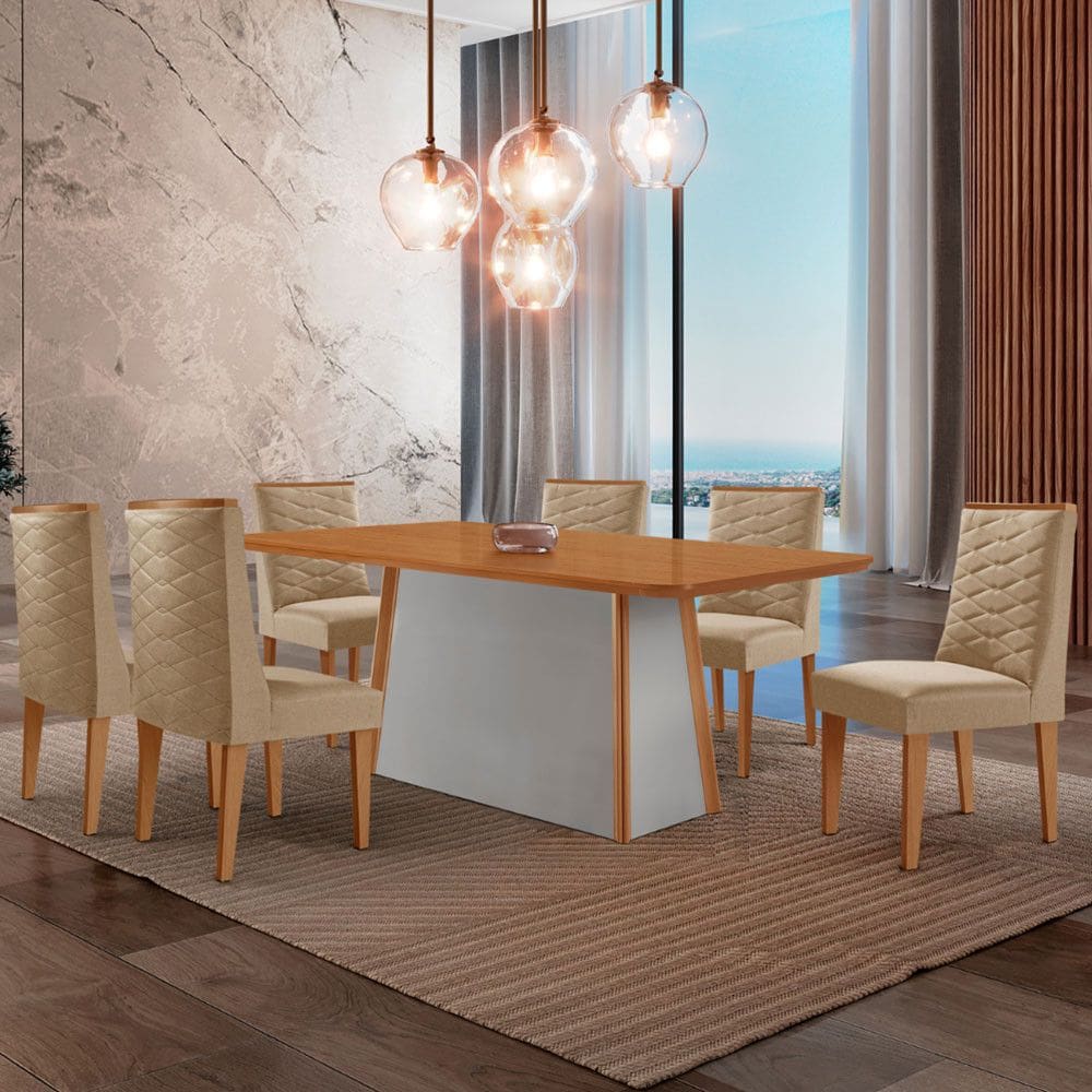 Mesa de Jantar Diane 180cm Tampo MDF Laminado com 6 Cadeiras Safira Moderna Mobília