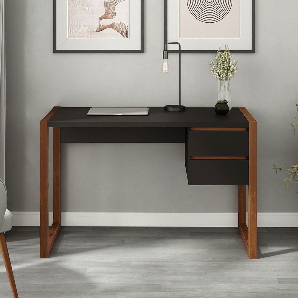 Mesa de Estudo Compacta 118cm Home Office Preto Castanho Madeira Belinda