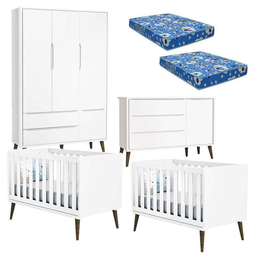 Quarto De Bebê Theo 3 Portas Com 02 Berços Branco Acetinado Com Pés Amadeirados E Colchão ? Reller