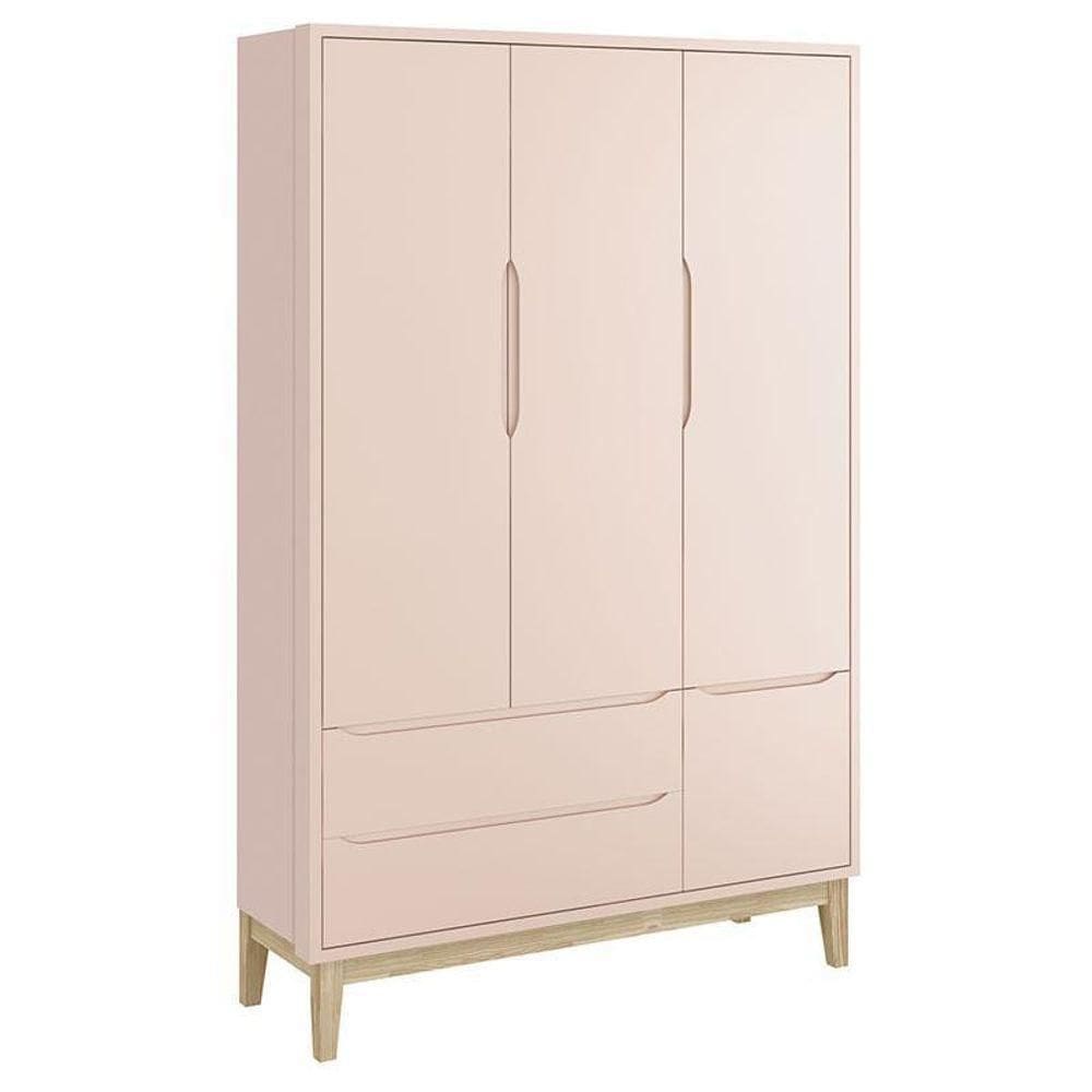 Guarda Roupa Infantil New Classic 3 Portas Rosa Com Pés Madeira Natural ? Reller