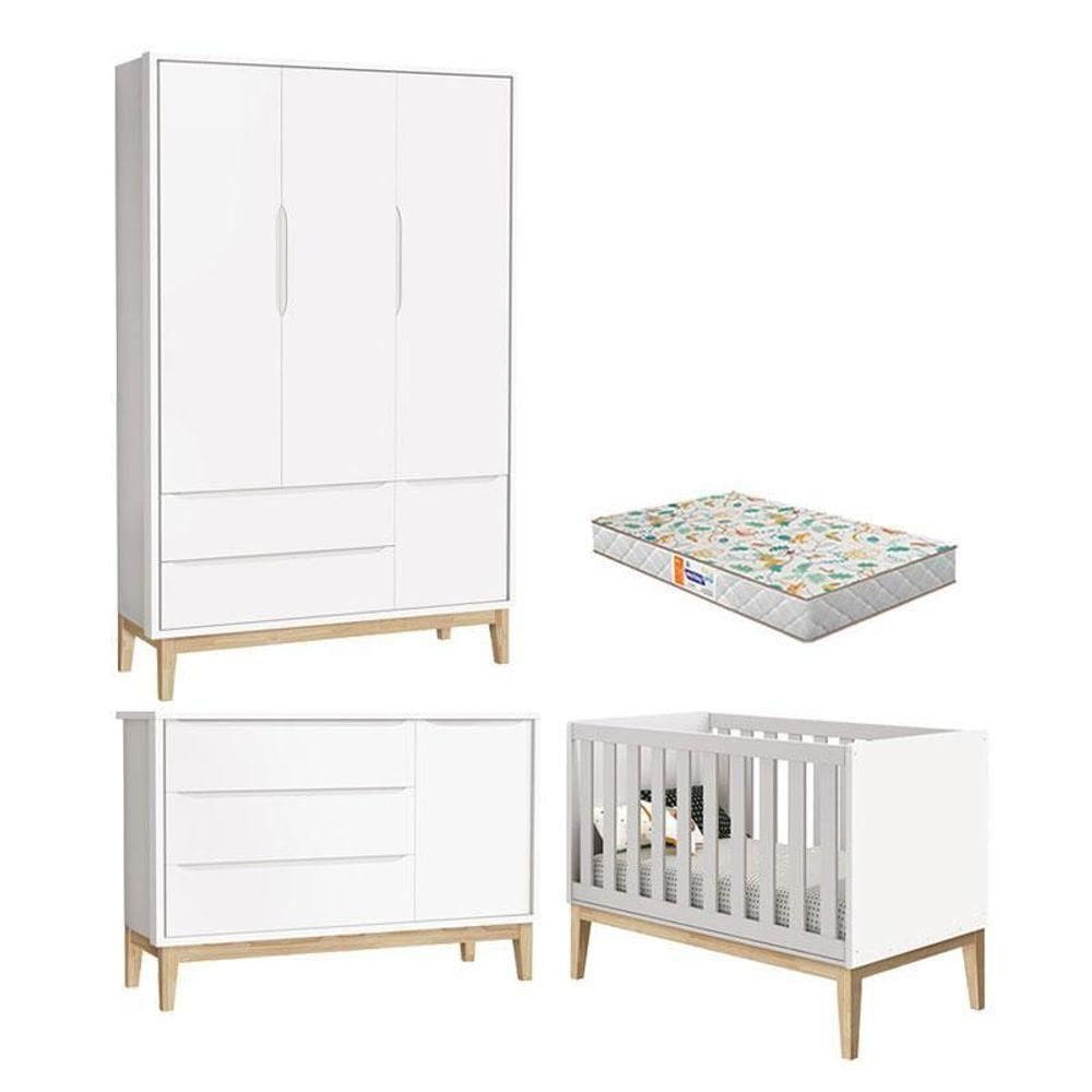 Quarto De Bebê 3 Portas New Classic Branco Com Pés Madeira Natural E Colchão Gazin ? Reller