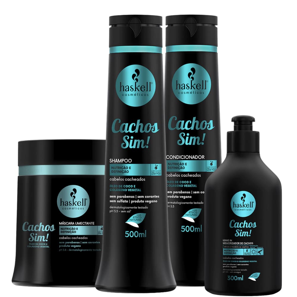Kit Haskell Cachos Sim! Shampoo, Condicionador, Máscara e 500ml/g + Leave-in 300ml
