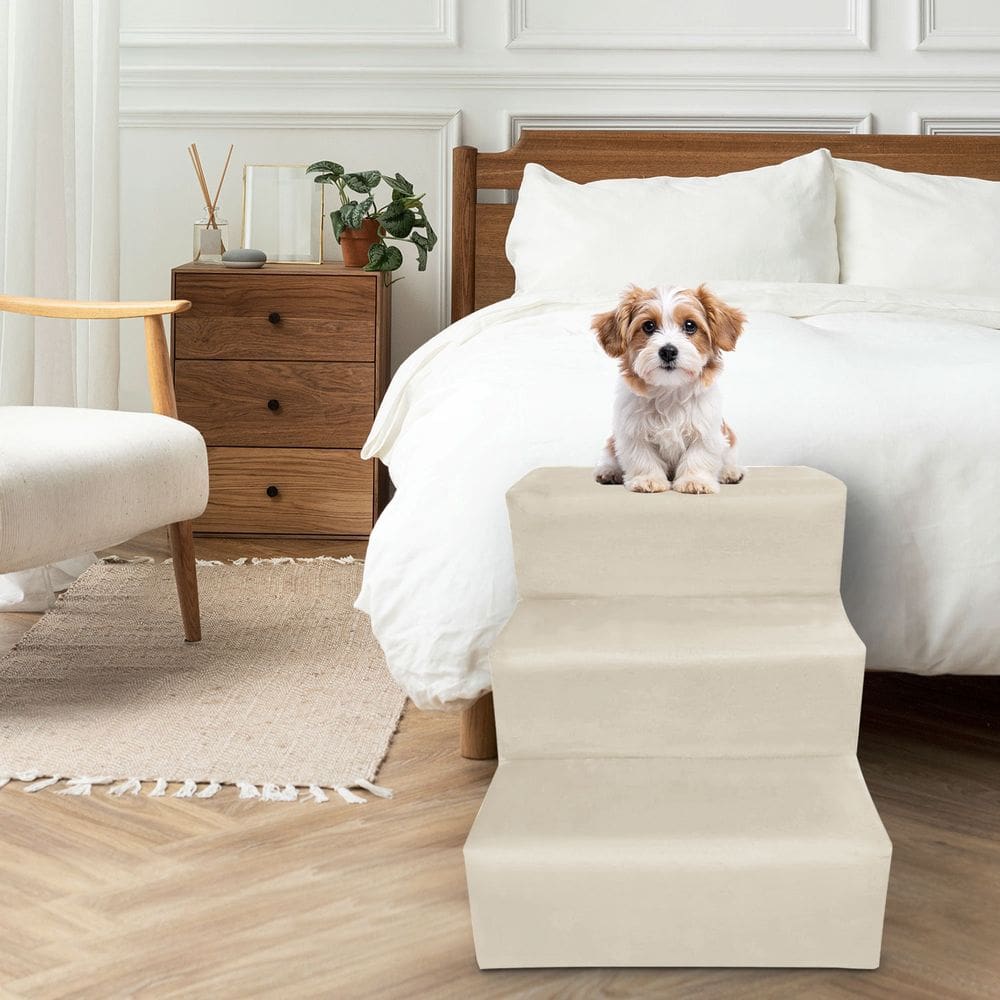 Escada Para Pet 3 Degraus Veludo Bege