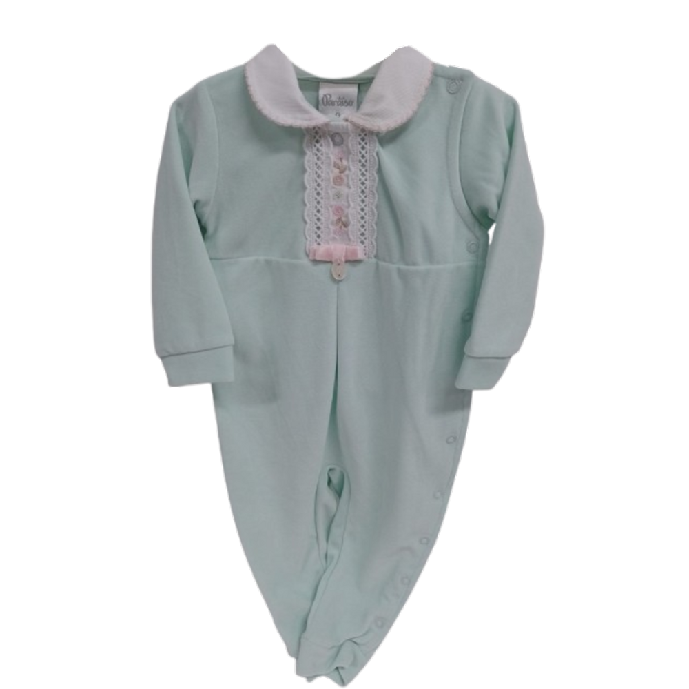 Macacão Longo Luxo Plush Bebê Menina Bordado Paraiso 14522