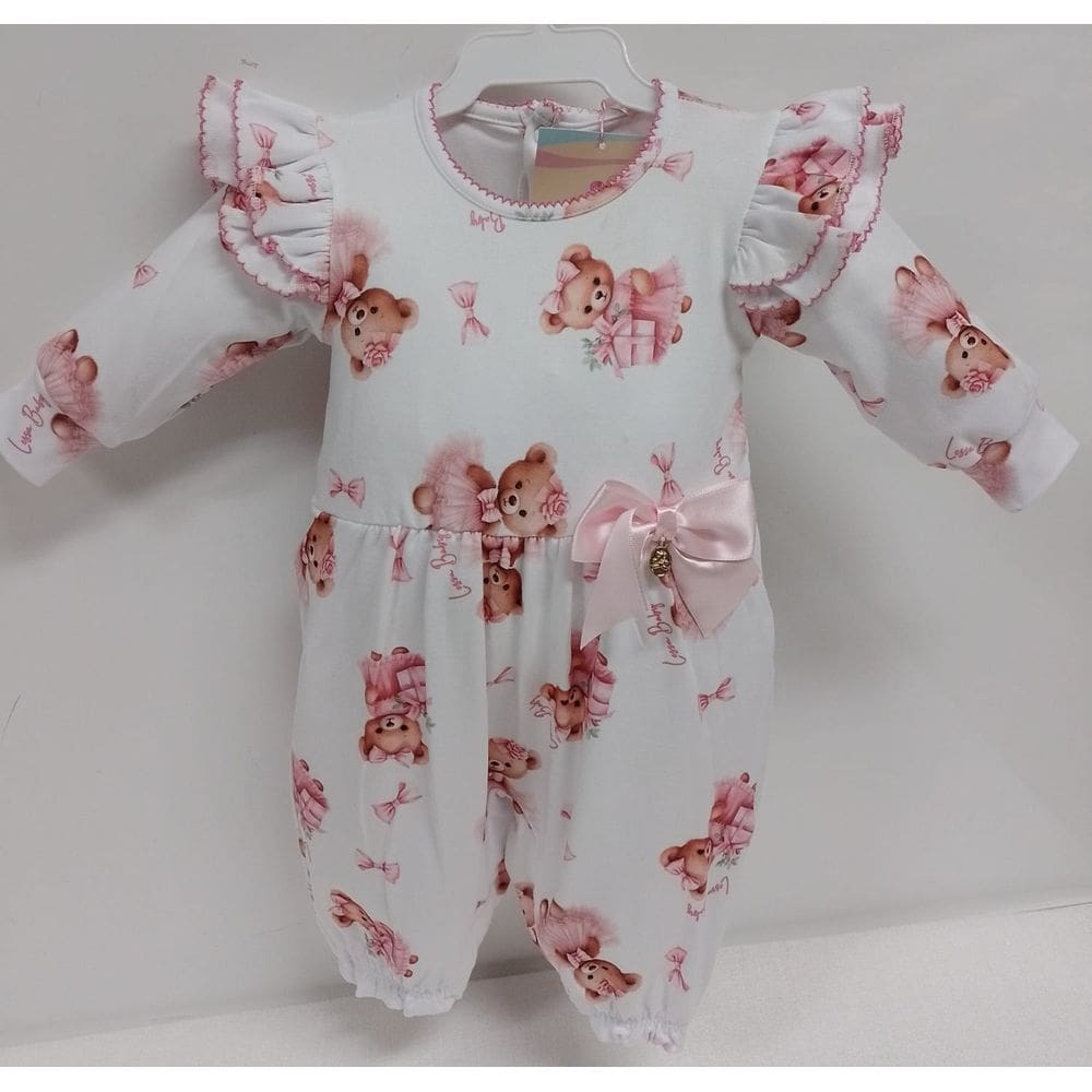 Macacão Suedine Longo Luxo Bebê Menina Estampado Lessa B9089