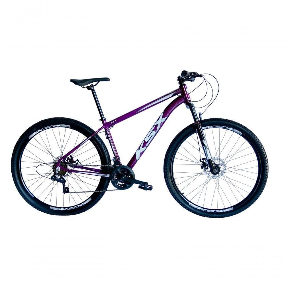 Bicicleta Aro 29 Ksx Sd7 21v Cabos Internos Alumínio Freios A Disco Garfo Suspensão Roxo Branco Tamanho 19