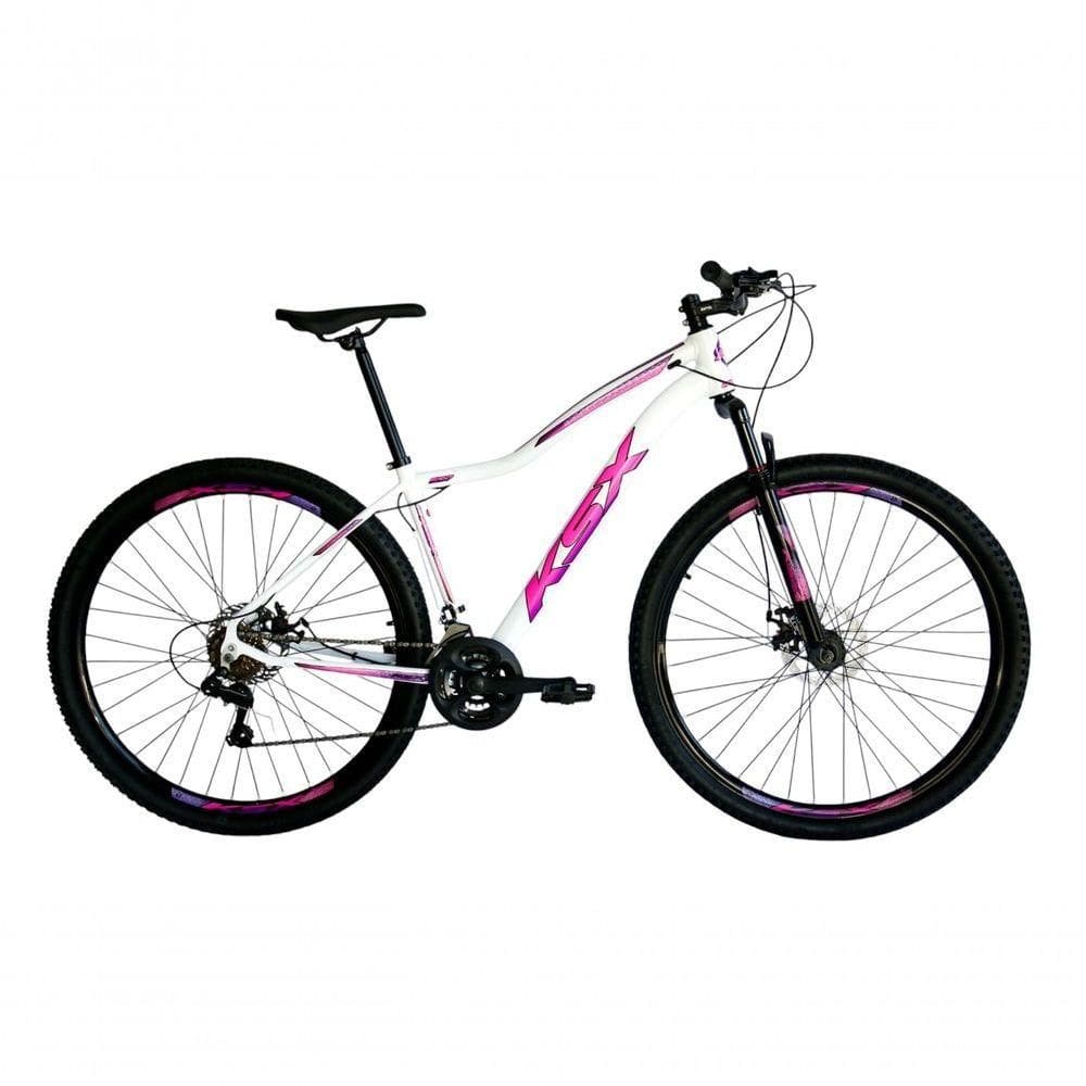 Bicicleta Aro 29 Ksx Sd7 Feminina 21v Cabos Internos Alumínio Freios A Disco Garfo Suspensão Branco Rosa Violeta Tamanho 17