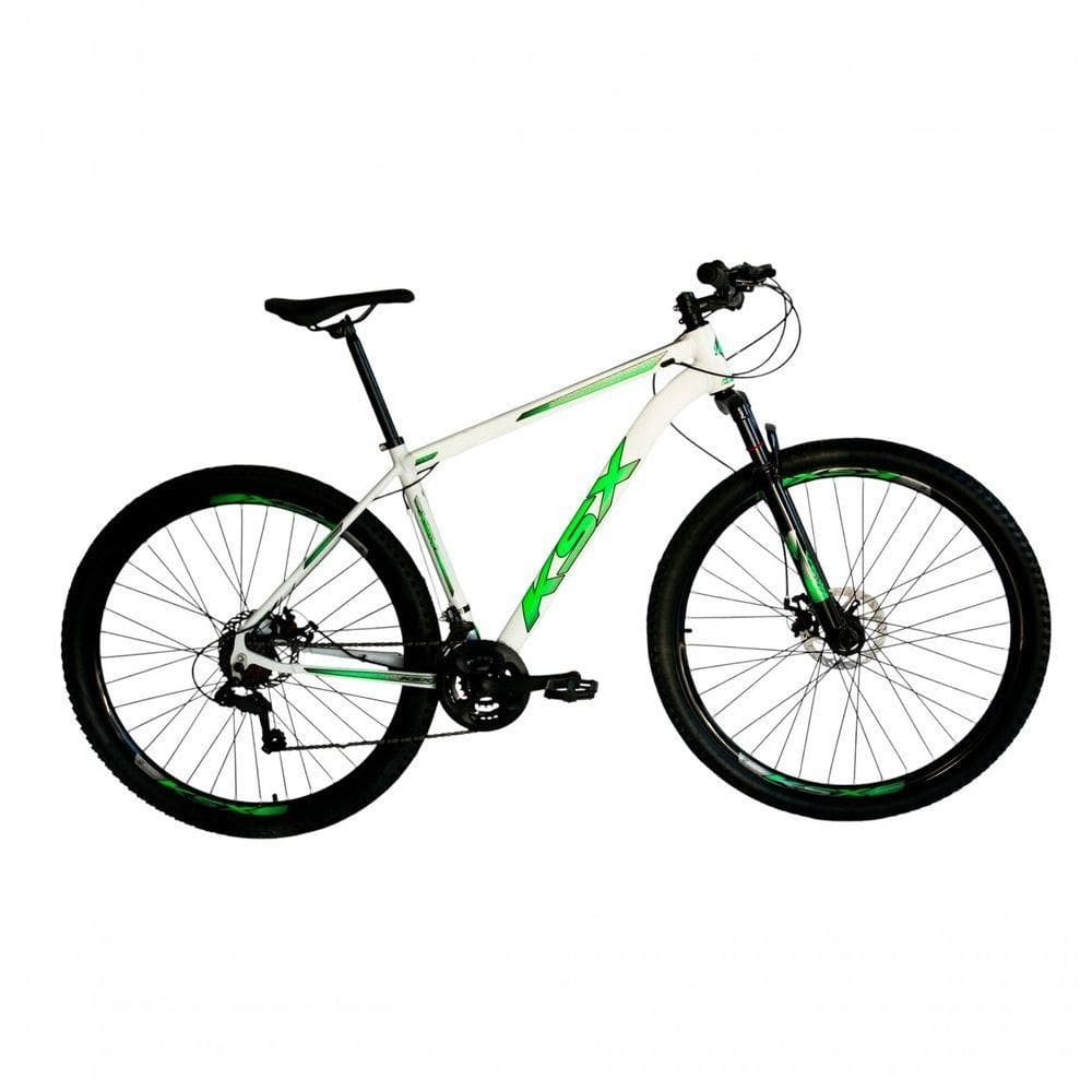 Bicicleta Aro 29 Ksx Sd7 21v Cabos Internos Alumínio Freios A Disco Garfo Suspensão Branco Verde Tamanho 19