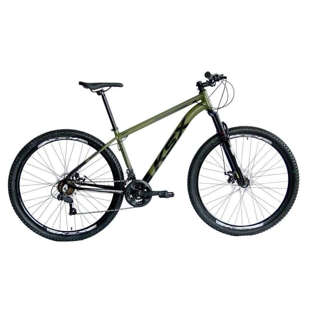 Bicicleta Aro 29 Ksx Sd7 21v Cabos Internos Alumínio Freios A Disco Garfo Suspensão Preto Verde Militar Tamanho 15