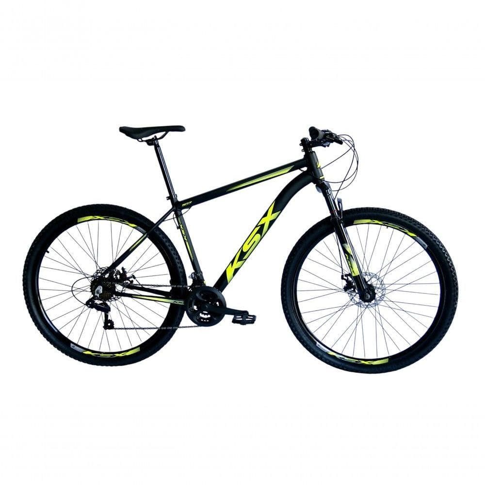 Bicicleta Aro 29 Ksx Sd7 21v Cabos Internos Alumínio Freios A Disco Garfo Suspensão Preto Amarelo Tamanho 17