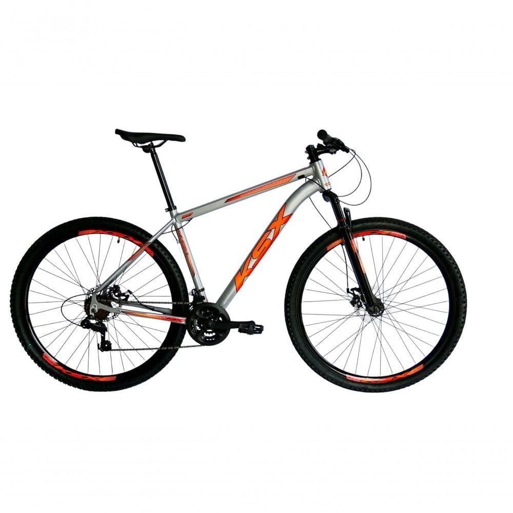 Bicicleta Aro 29 Ksx Sd7 21v Cabos Internos Alumínio Freios A Disco Garfo Suspensão Prata Laranja Tamanho 19