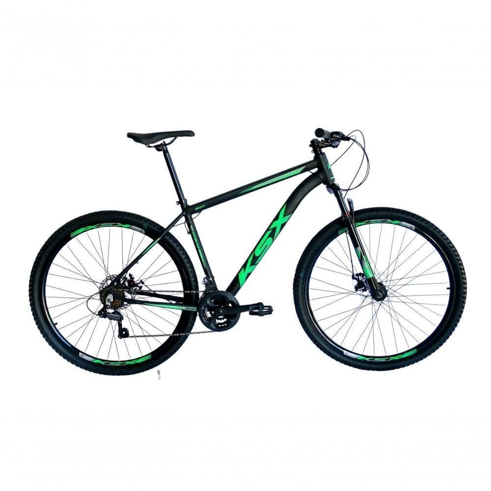 Bicicleta Aro 29 Ksx Sd7 21v Cabos Internos Alumínio Freios A Disco Garfo Suspensão Preto Verde Tamanho 19