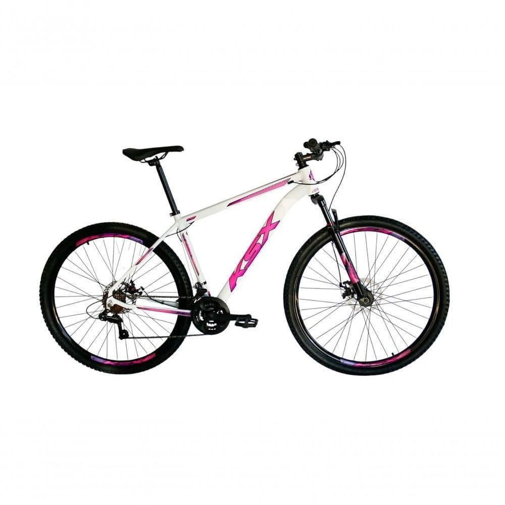 Bicicleta Aro 29 Ksx Sd7 21v Cabos Internos Alumínio Freios A Disco Garfo Suspensão Branco Rosa Violeta Tamanho 17
