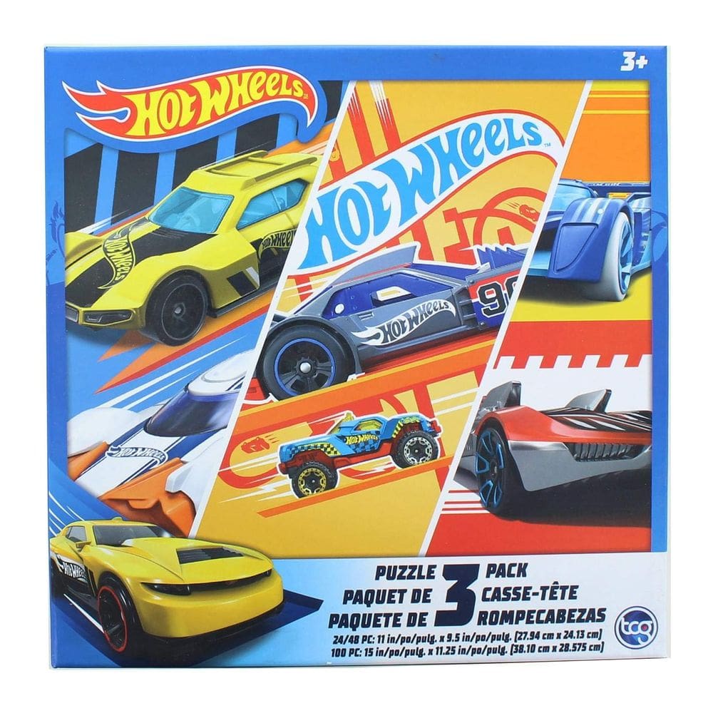Pacote de 3 puzzles Hot Wheels para crianças (24, 48, 100 peças)
