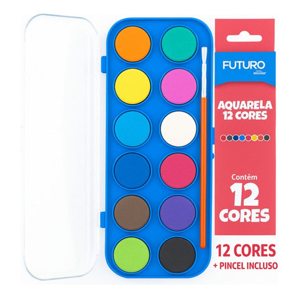 Kit Tinta Aquarela Iniciante 12 Cores Estojo Pincel Infantil