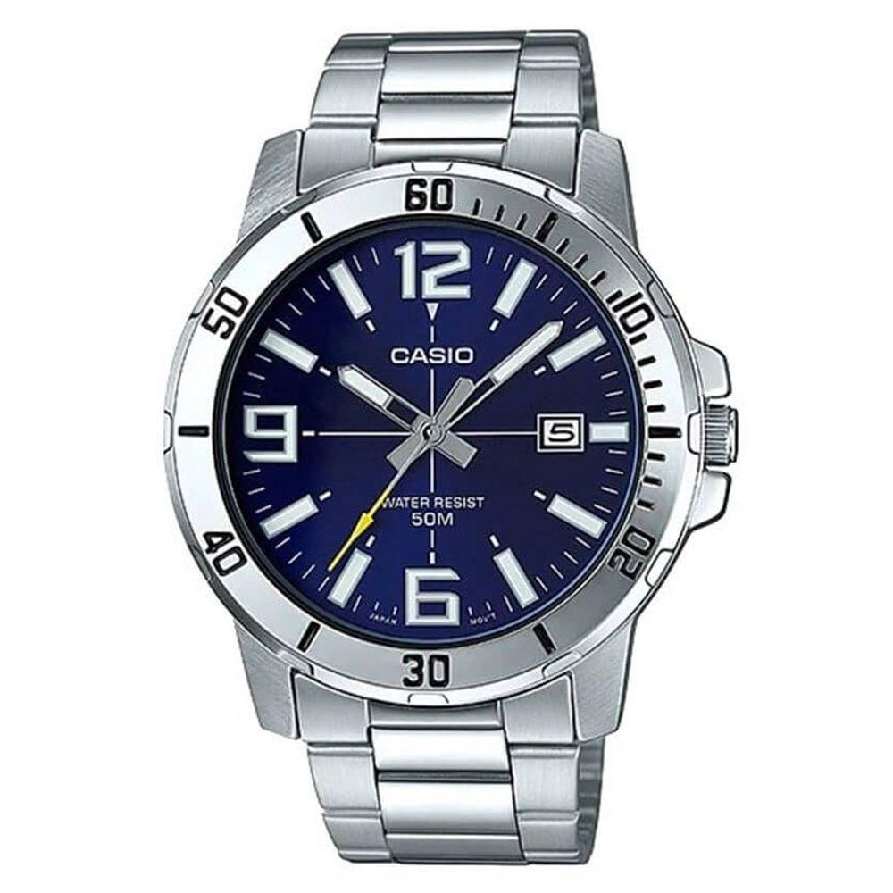 Relogio Masculino Casio Prata Fundo Azul Analógico MTP-VD01D-2BVUDF
