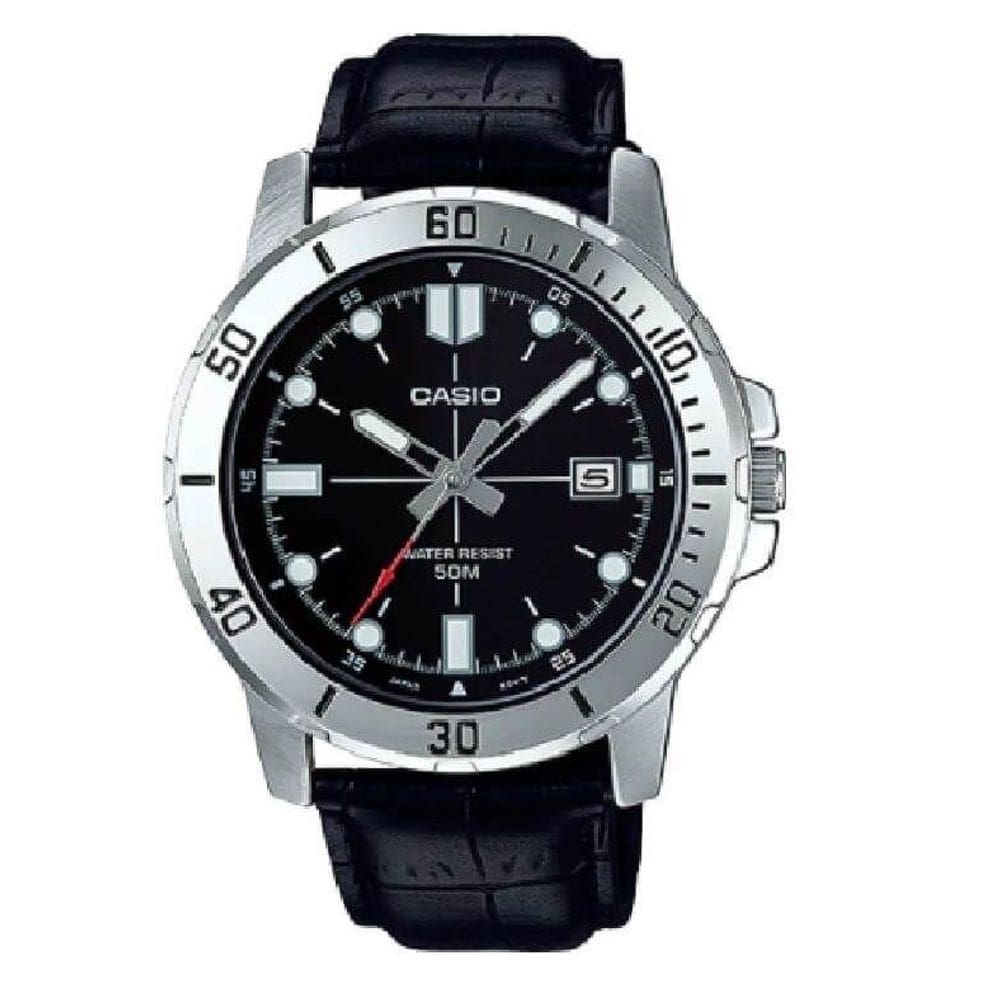 Relogio Masculino Casio Prata Fundo Preto Pulseira de Couro