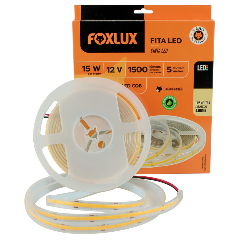 Fita LED COB 15W 12V 4000K 5?metros IP65 Foxlux