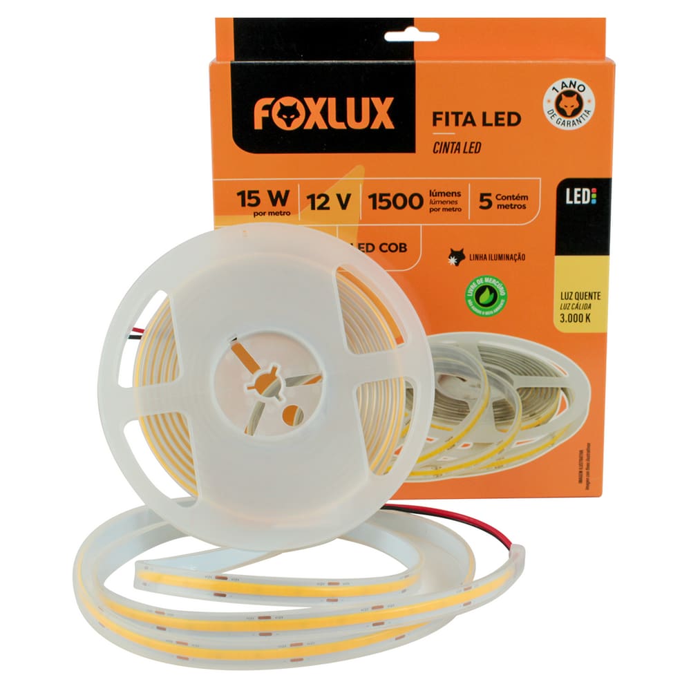 Fita LED COB 15W 12V 3000K 5?metros IP65 Foxlux