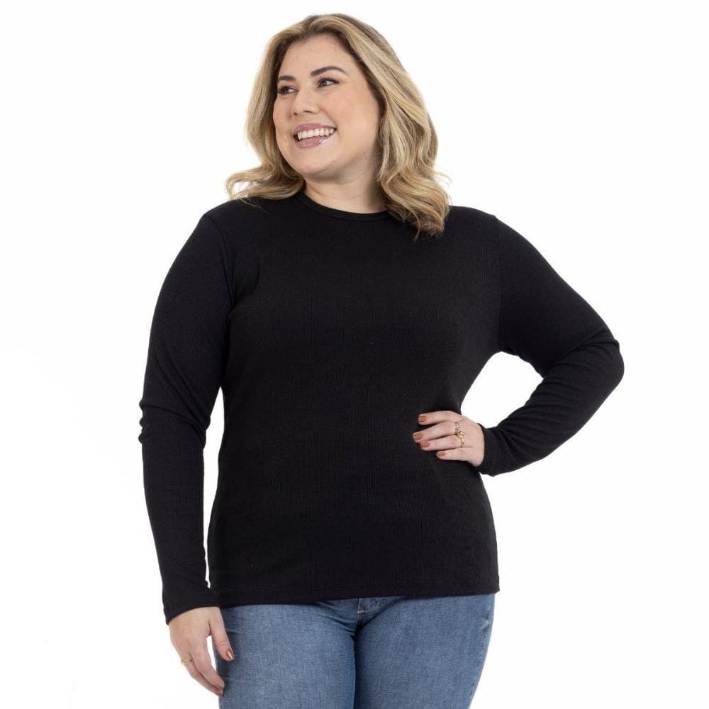 Blusa Plus Size Feminina Manga Longa Gola Redonda