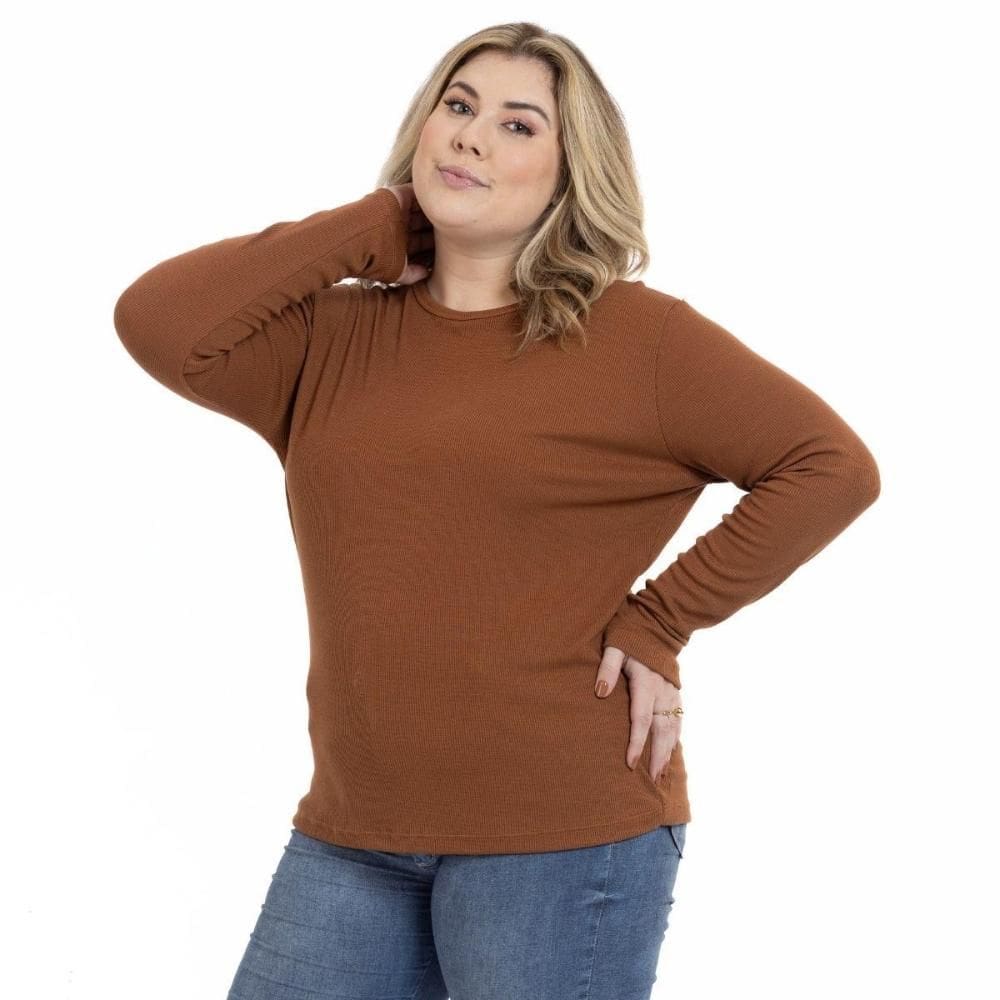 Blusa Plus Size Feminina Manga Longa Gola Redonda