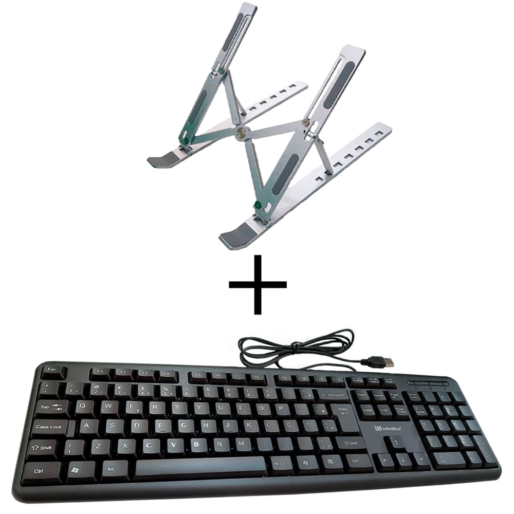 Suporte notebook Dobrável Ergonômico Ajustável Liga de alumínio e teclado c/ fio qte