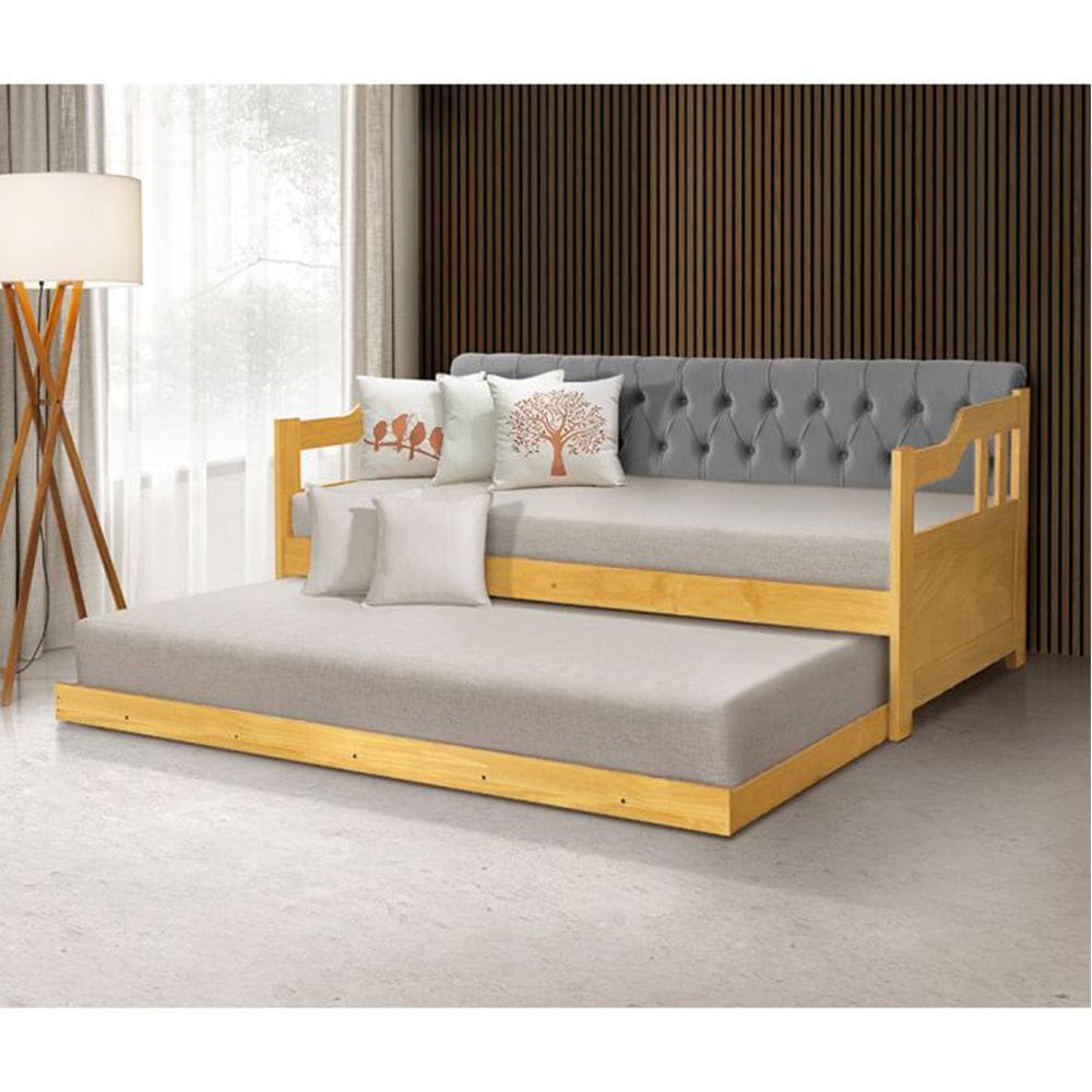 Bicama Dublin Estofado Capitonê Veludo Cinza Madeira com Cama Auxiliar 2 Colchões - Imbuia