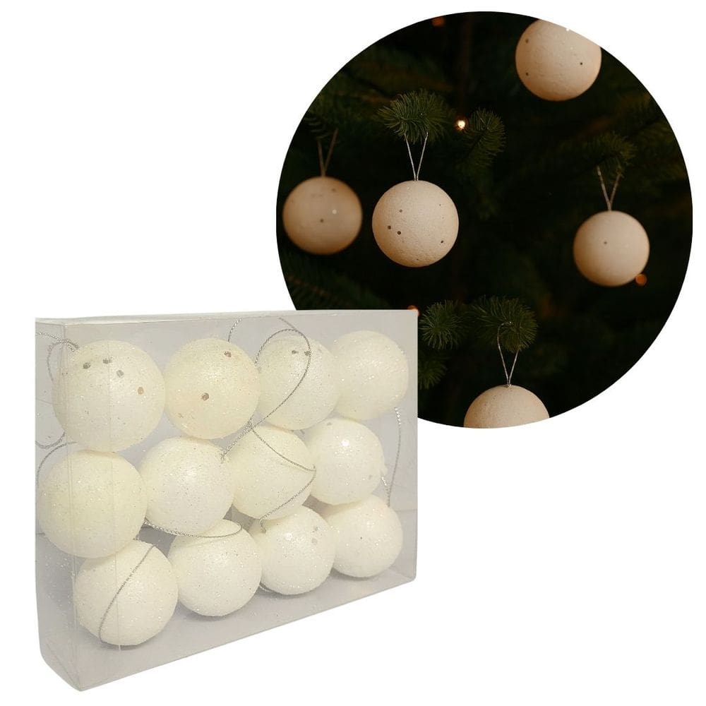Kit 12 Bolas Natal Glitter Branco Lantejoulas Prime 4cm na Caixa - Magizi