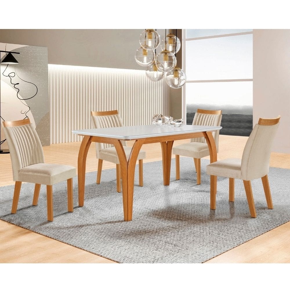 Conjunto Sala de Jantar Mesa Agata com Tampo de Vidro 135cm e 4 Cadeiras em MDF Dara LJ Móveis
