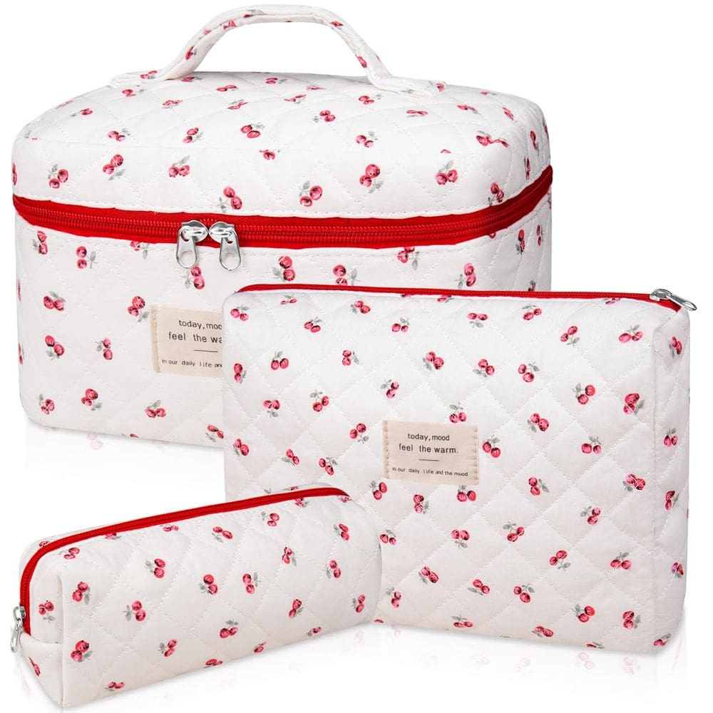 Conjunto de bolsas de maquiagem Gosect acolchoado de algodão floral, 3 peças (rosa)