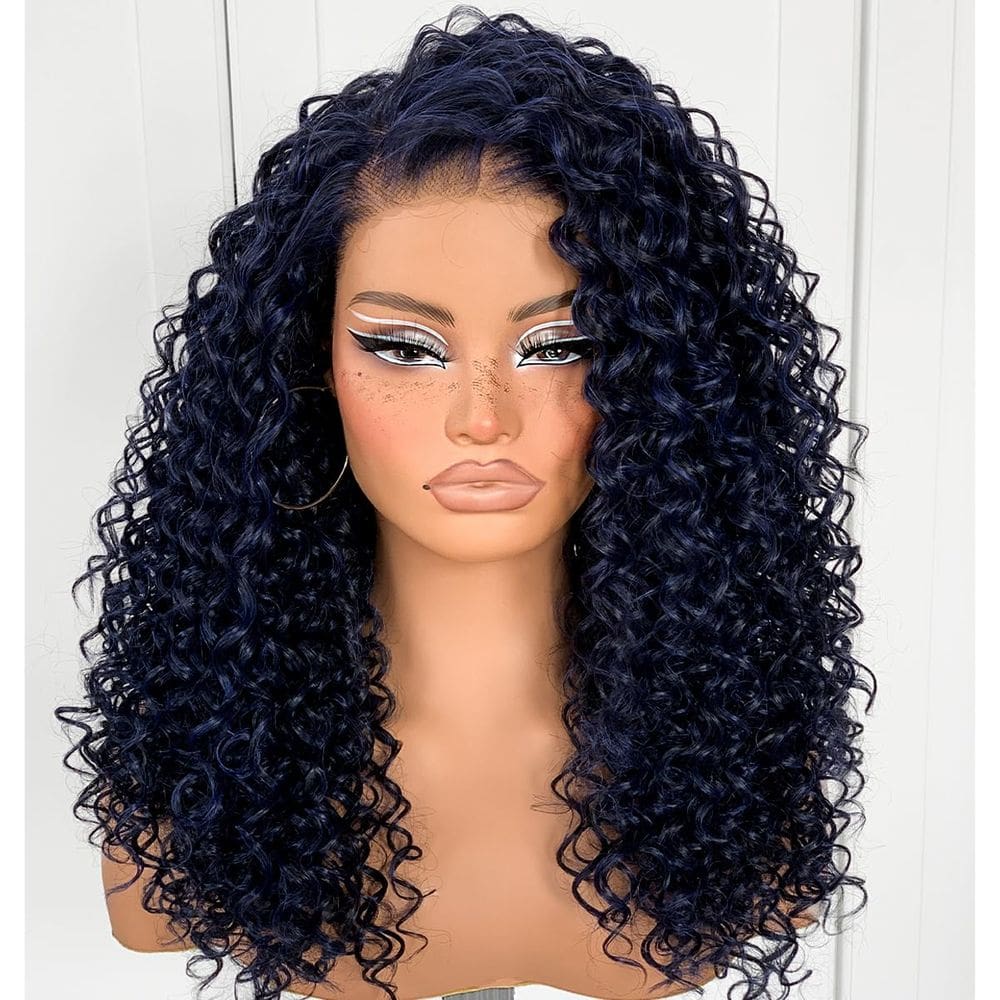 Peruca MITIMES azul escuro sintética HD de renda frontal afro encaracolada