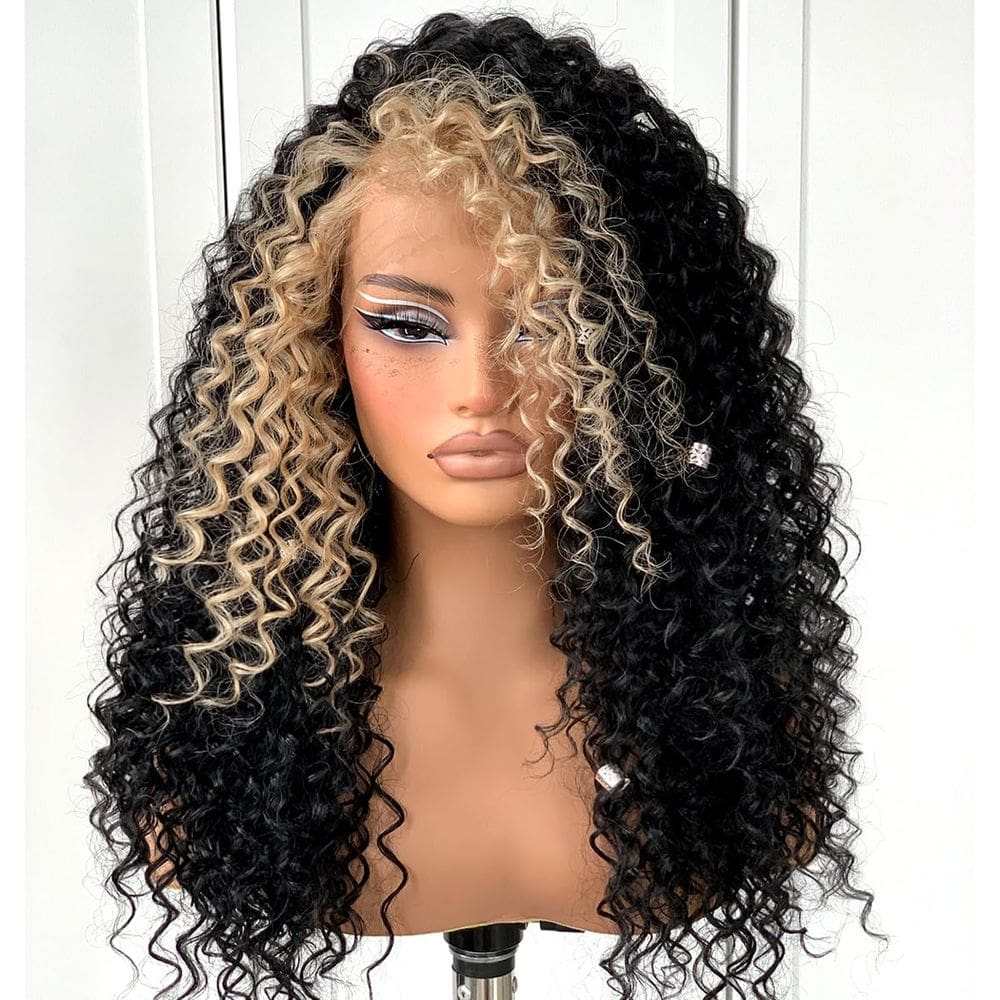 Peruca MITIMES Skunk Stripe Curly 13x6 com renda frontal de 18 polegadas