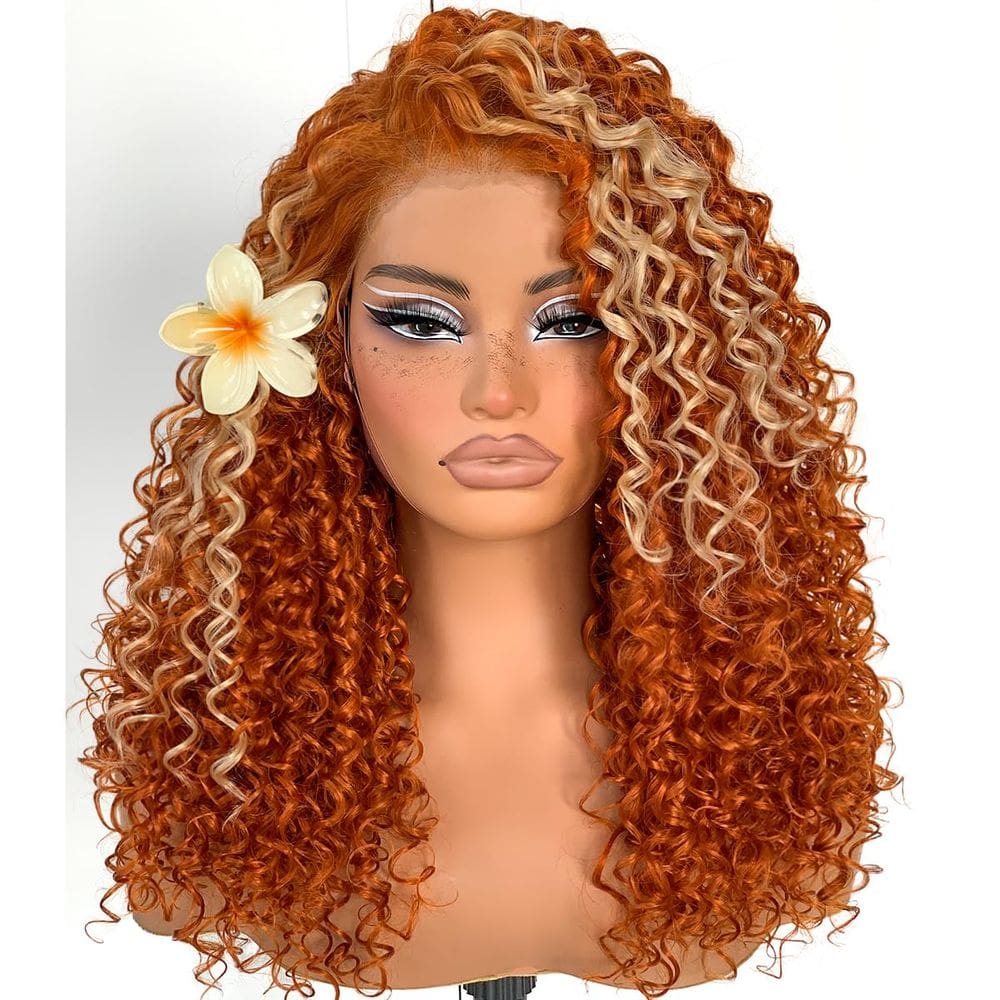 Peruca MITIMES Ginger Curly Skunk Strip HD Lace Front Laranja